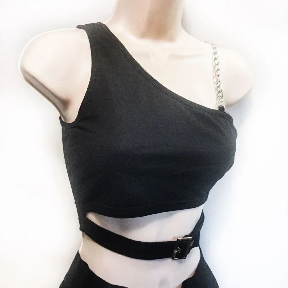 ZAFUL Black One Shoulder Chain Hollowed Out Tank Sz 6 - Picture 2 of 10